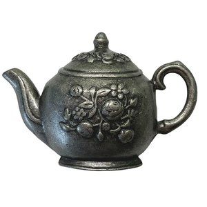 Vintage Pewter Teapot Floral  Brooch Pin 2.5" Across Silver Tone